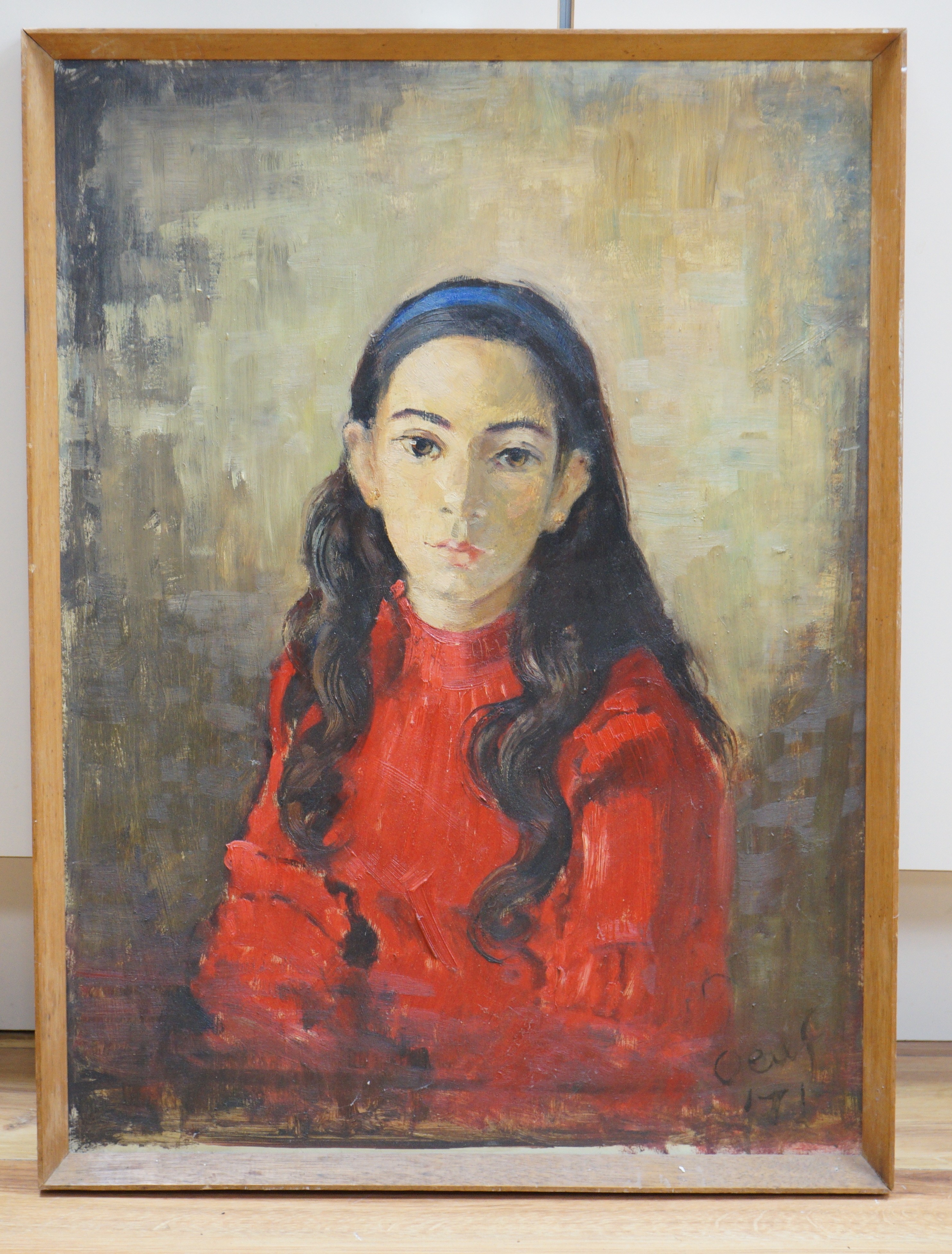 'Oeuf', oil on board, Portrait of a young woman, signed and dated '71, 60 x 44cm